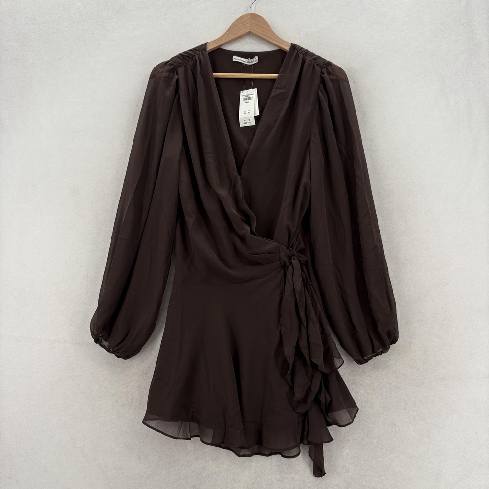 Abercrombie & Fitch Dress Womens Small Brown Chiffon Long Sleeve Wrap Mini NWT